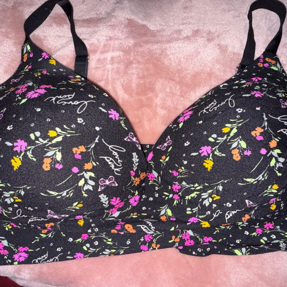 PINK Victoria's Secret Black Floral Print Bra with Pink, Yellow & Green Accents